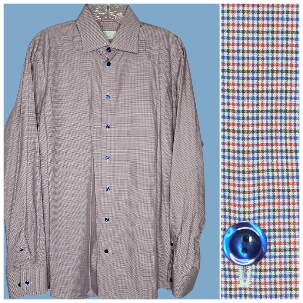 Mens‎ ETON long sleeve shirt 40/15 3/4 contemporary Fit Red Blue Gingham Check